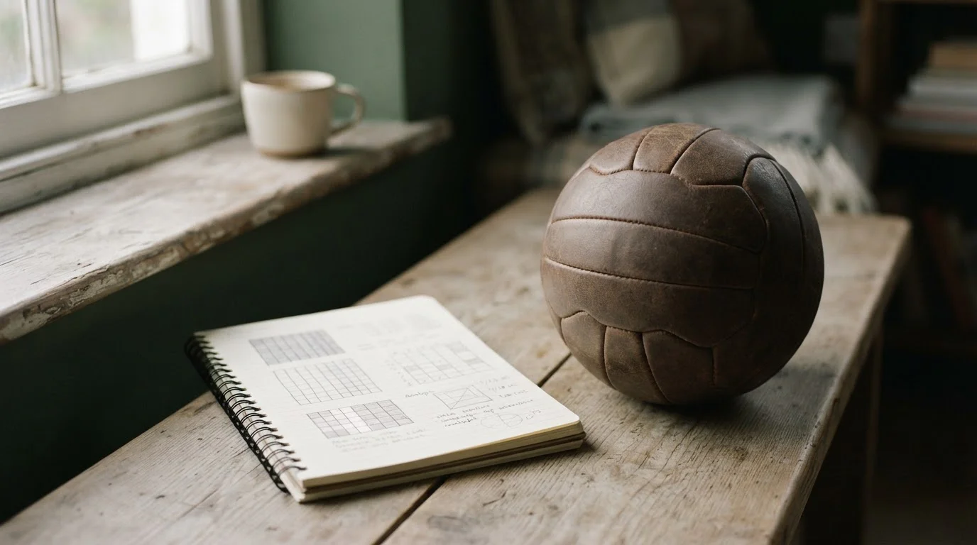 Balón de fútbol junto a un cuaderno con anotaciones abstractas sobre una mesa