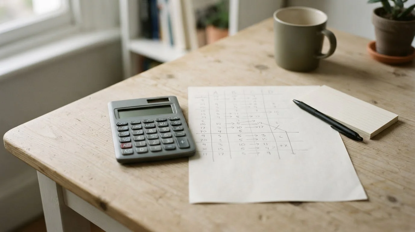 Calculadora sencilla y hoja de cálculo manuscrita sobre un escritorio claro