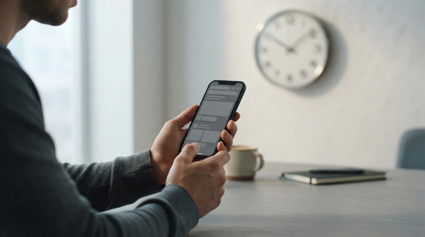 Manos sujetando un smartphone con una interfaz gris neutra junto a un reloj de pared