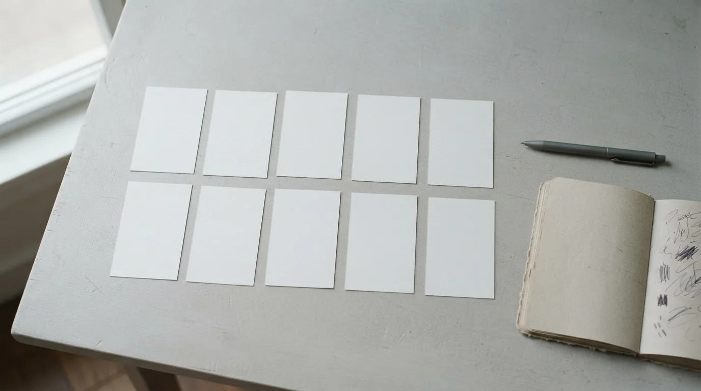 Mesa con diez fichas de papel alineadas representando operadores regulados