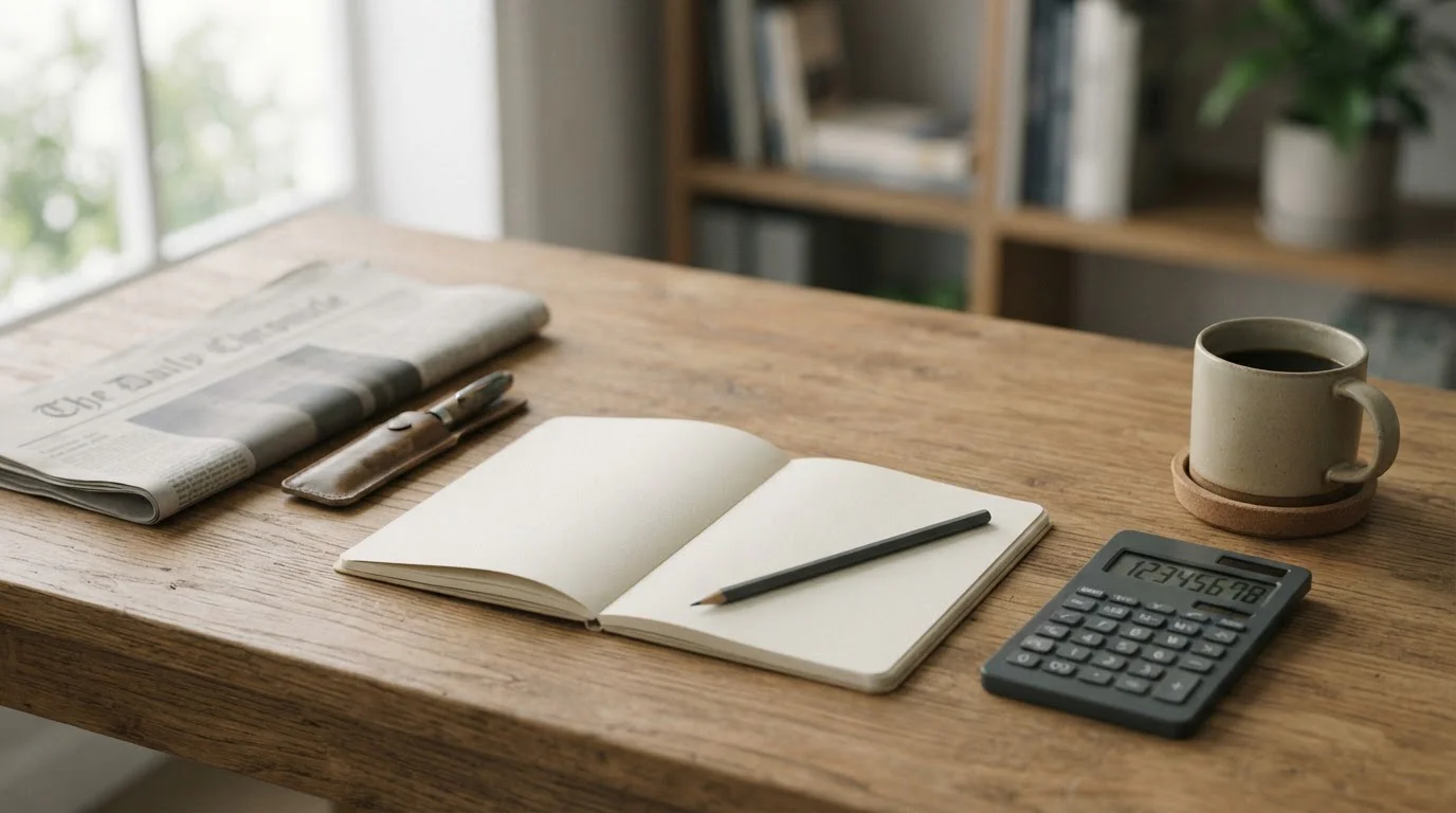 Escritorio con cuaderno y calculadora para analizar opiniones sobre casas de apuestas en España