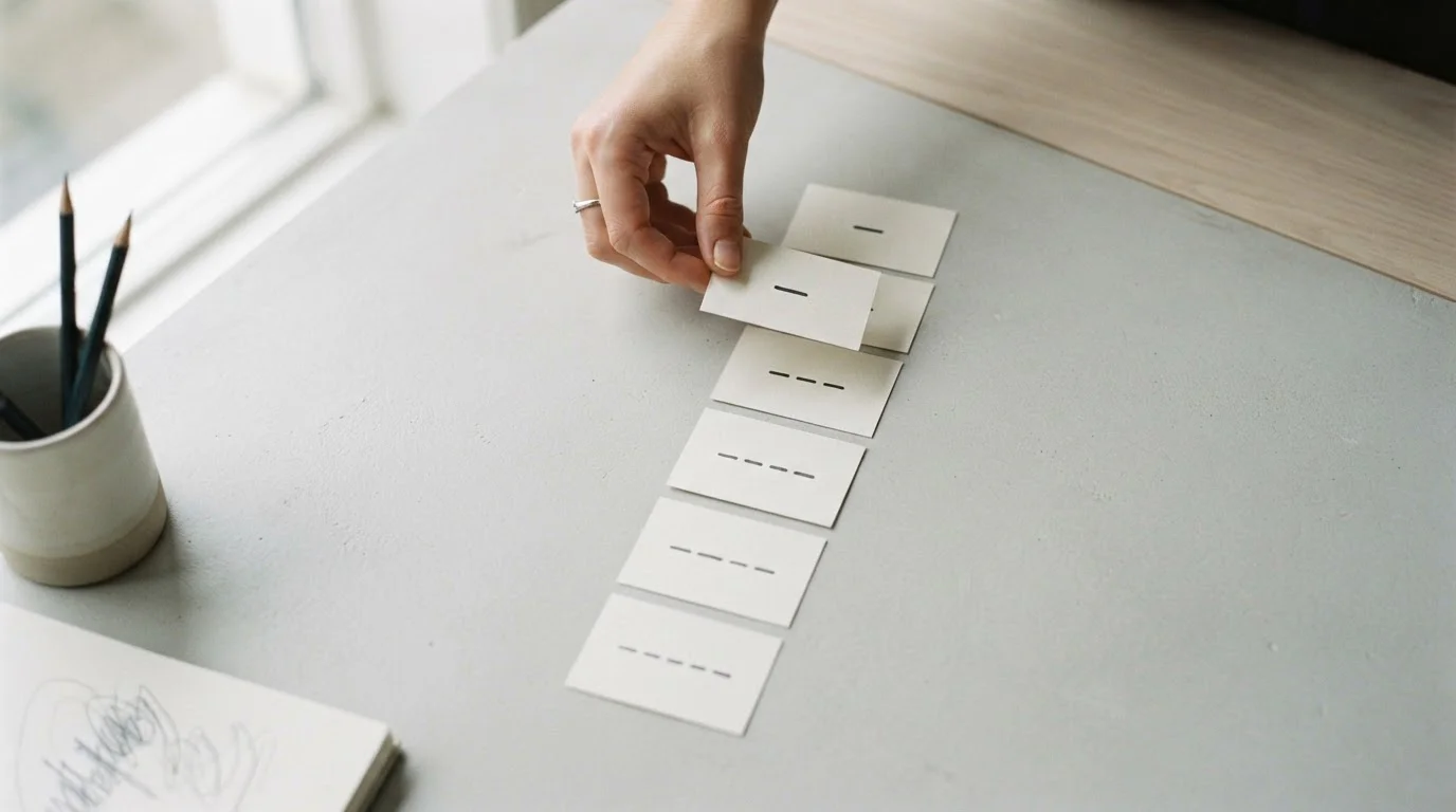 Mano ordenando fichas de papel numeradas sobre una mesa clara