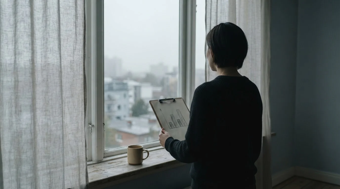 Silueta de una persona ante una ventana revisando notas con gráfico simple