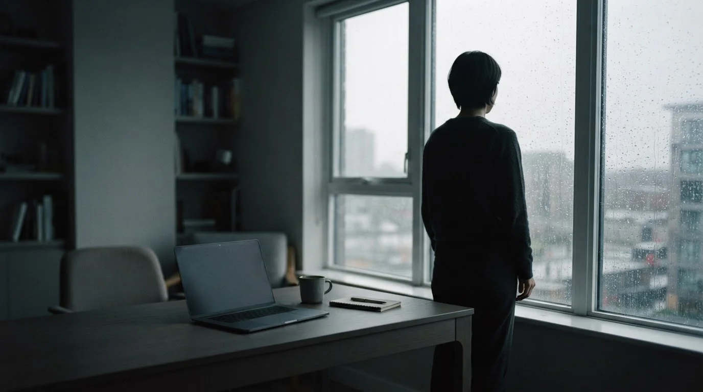 Silueta de una persona frente a una ventana con luz gris, ambiente sobrio