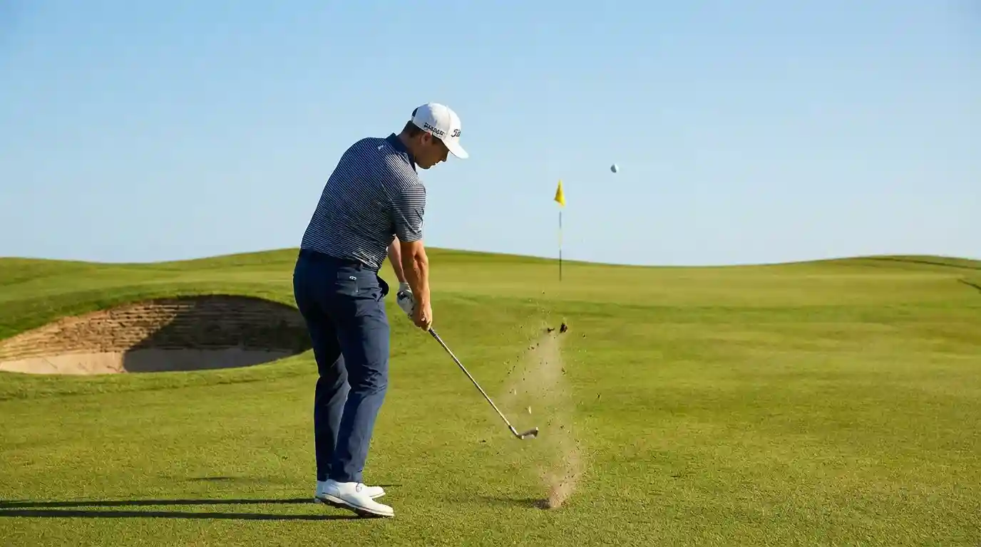 Golfista analizando un golpe al green con bandera y bunker al fondo