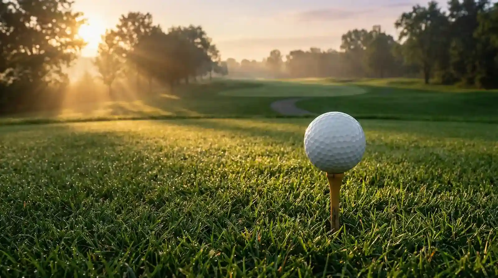 Primer plano de un tee de golf clavado en el césped con el fairway desenfocado detrás