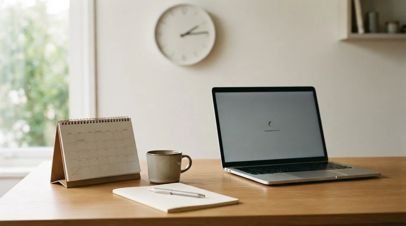 Reloj de pared y calendario sobre un escritorio con un portátil en espera