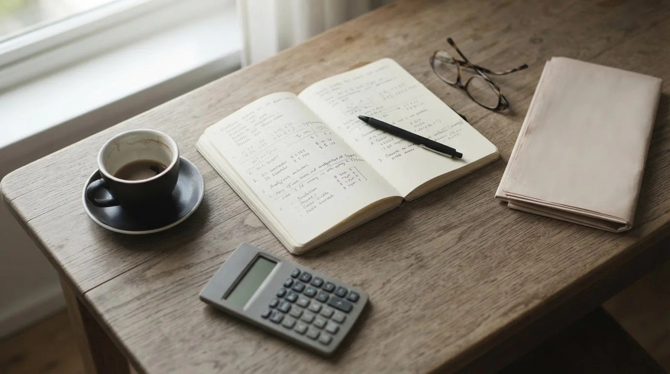 Mesa de trabajo con cuaderno y calculadora para analizar apuestas deportivas en España