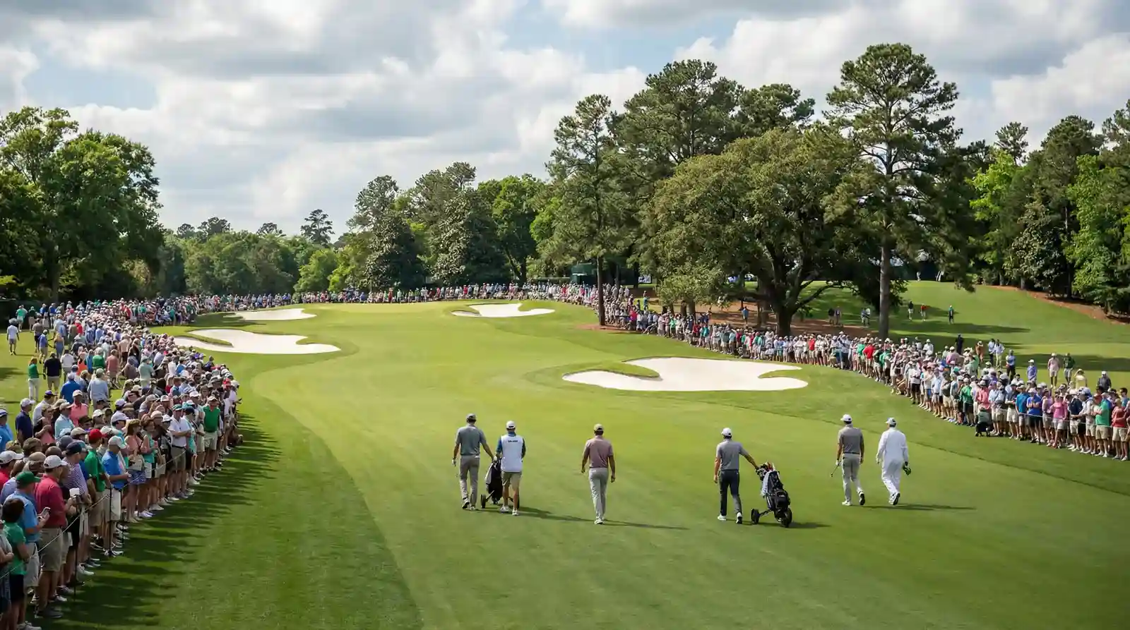 Golfistas compitiendo en un torneo major con público en las gradas del campo