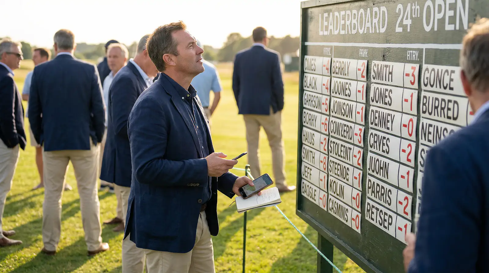 Golfista observando el leaderboard del torneo mientras evalúa su siguiente movimiento