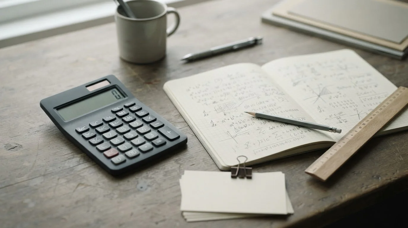 Calculadora y cuaderno con anotaciones para estimar el valor real de una promoción